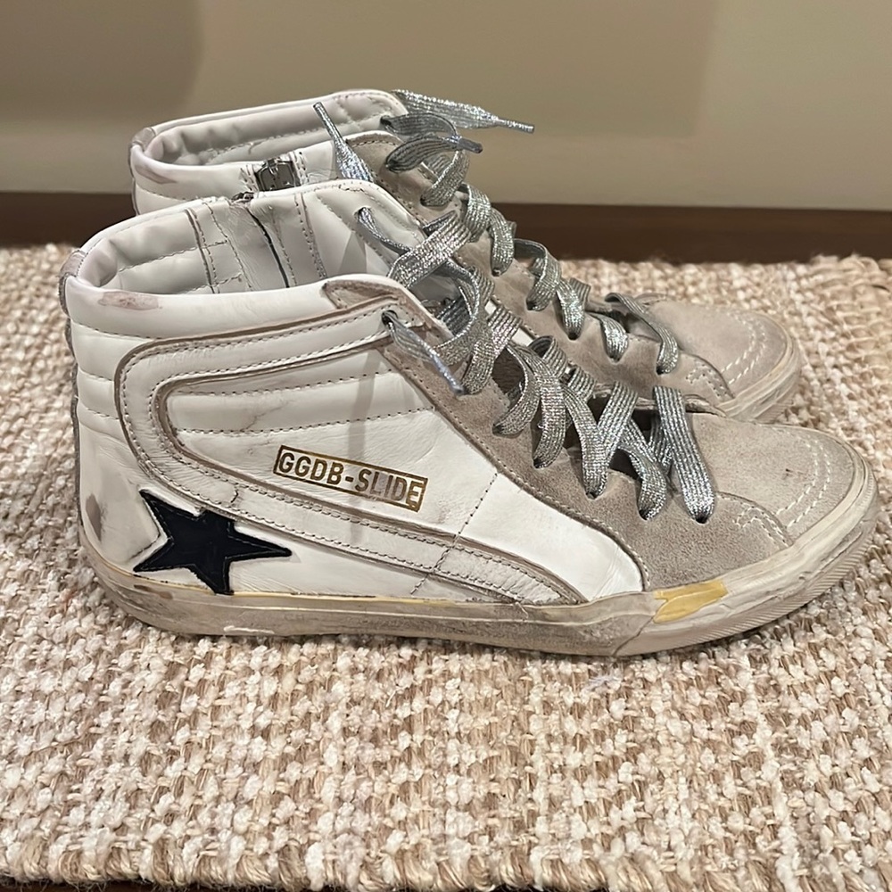 White and light gray suede Golden Goose Slides sz 39!